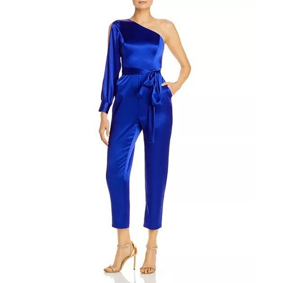 Aidan Mattox Women's Size 10 Blue Satin One Shoulder Jumpsuit Tie Waist Belted‎